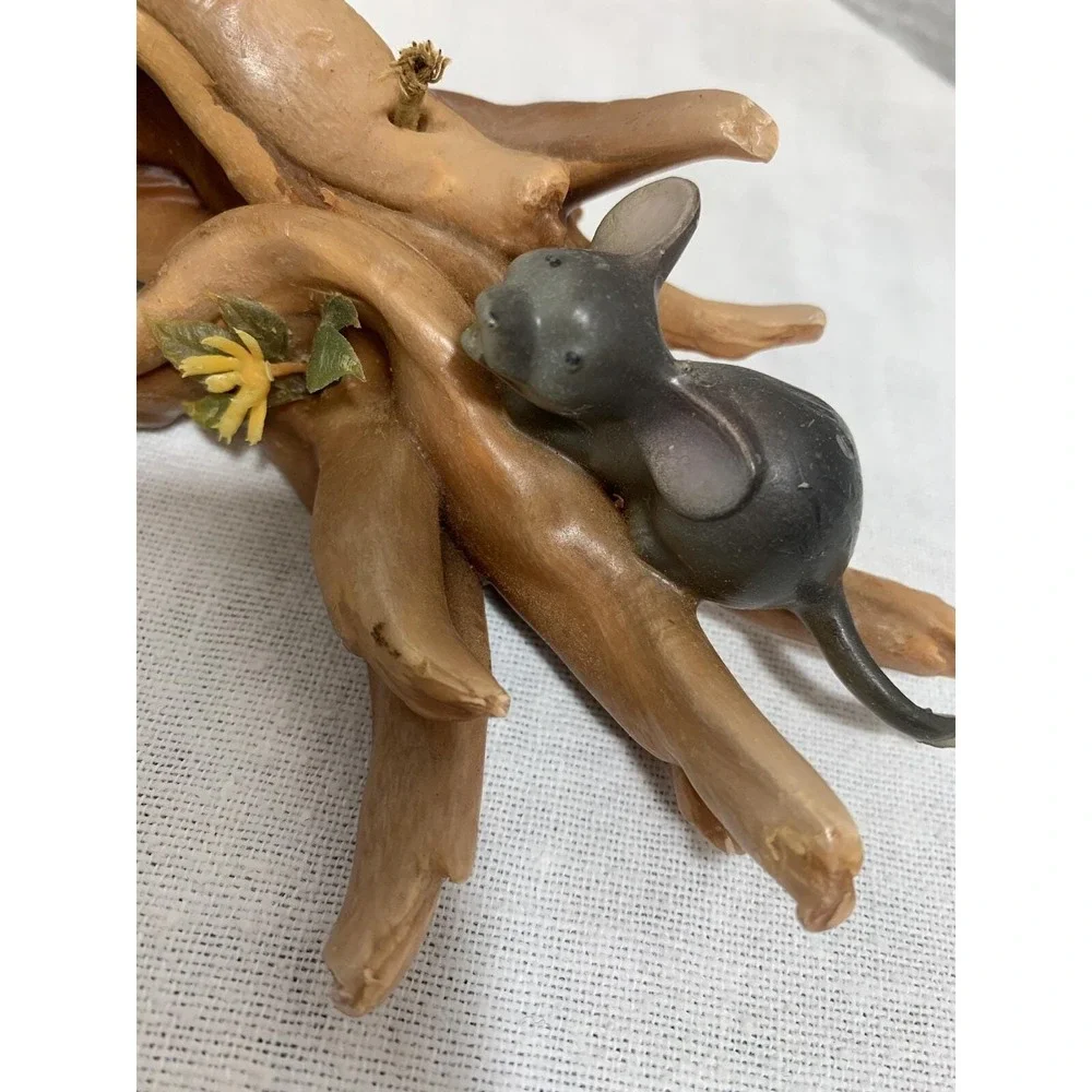 Sculpted Candle Two Mice on Logs in Forest Wax Vintage MCM Plastic Flower 9 inch
